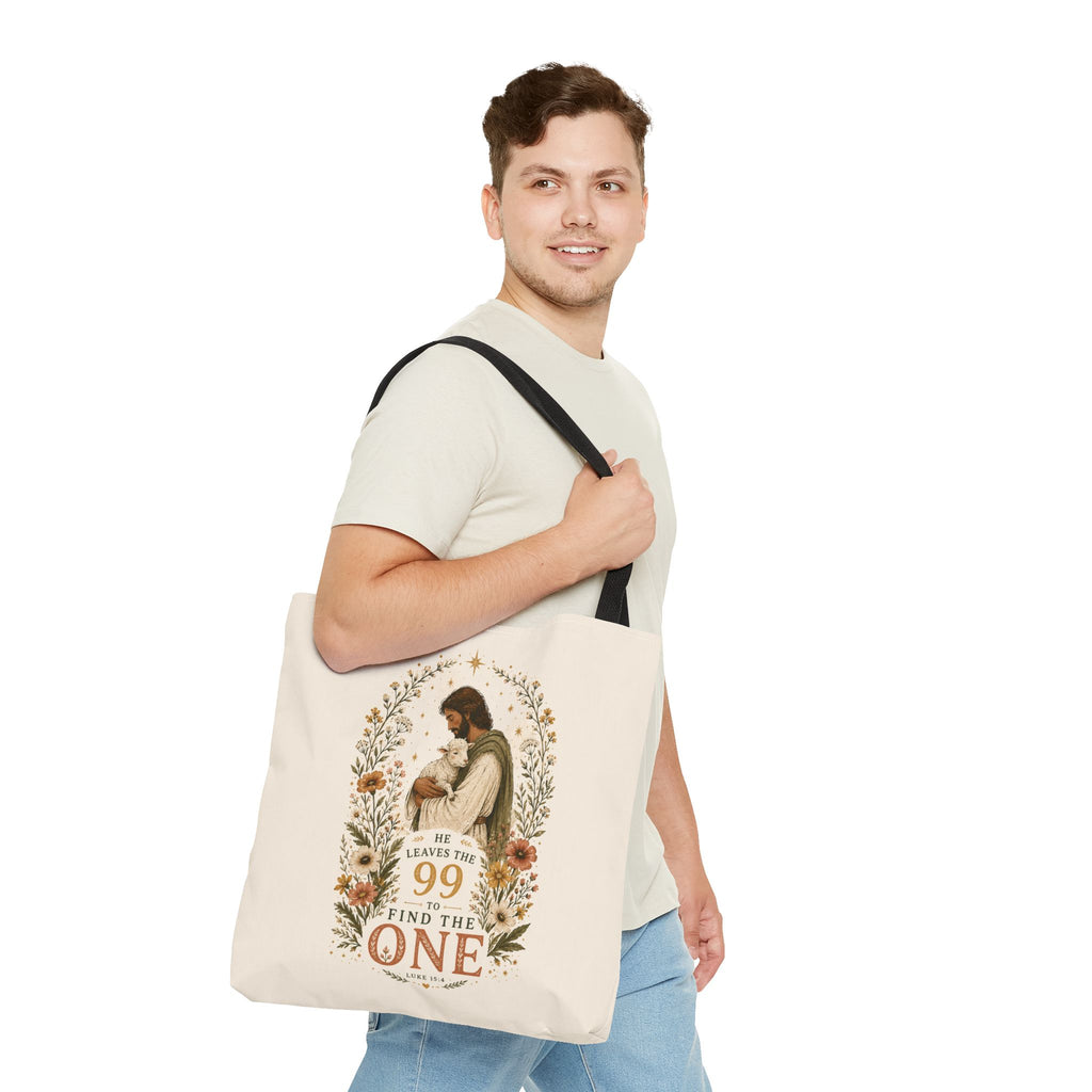 Jesus Shepherd Tote Bag — "He Leaves the 99 to Find the One" Floral Faith Tote