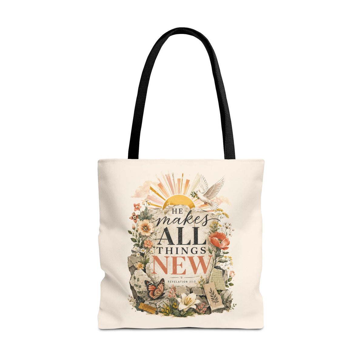 Scriptural Floral Tote Bag — “He Makes All Things New” Inspirational Canvas Tote