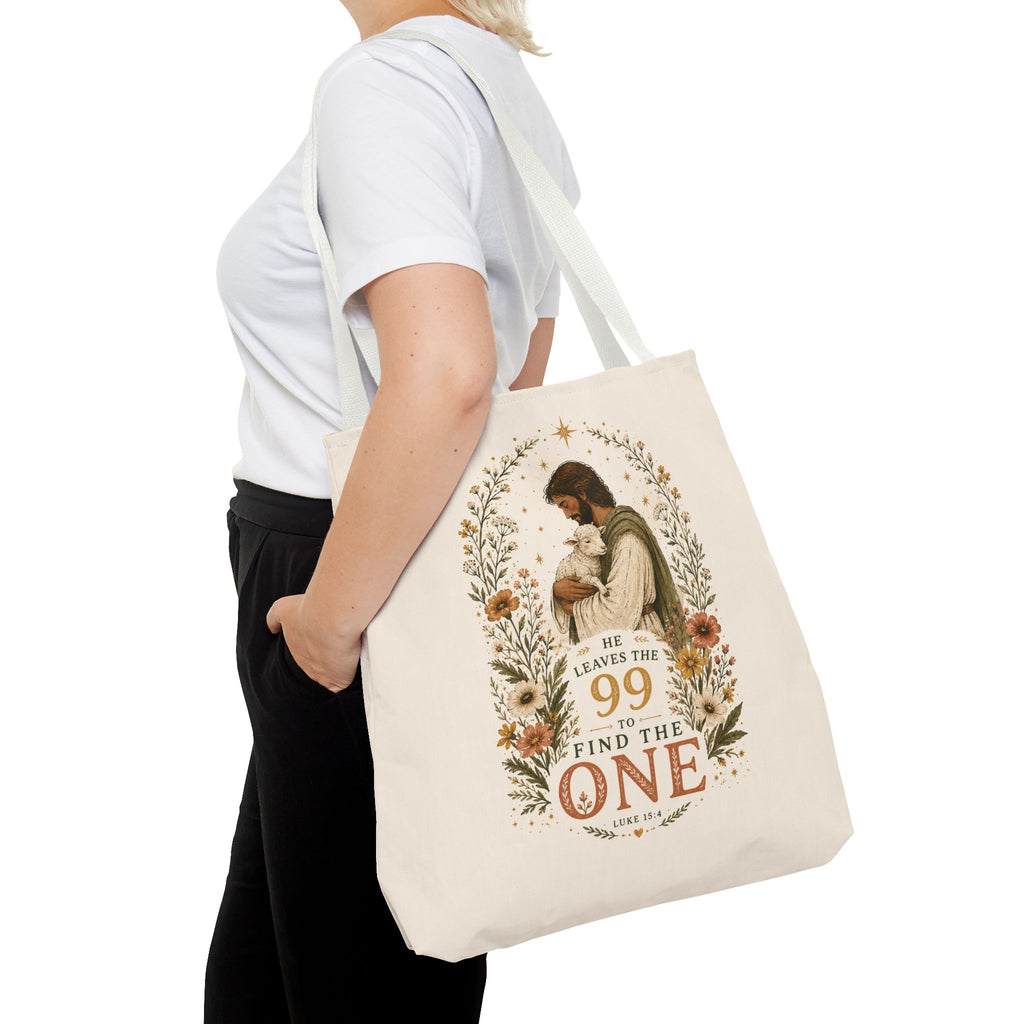 Jesus Shepherd Tote Bag — "He Leaves the 99 to Find the One" Floral Faith Tote