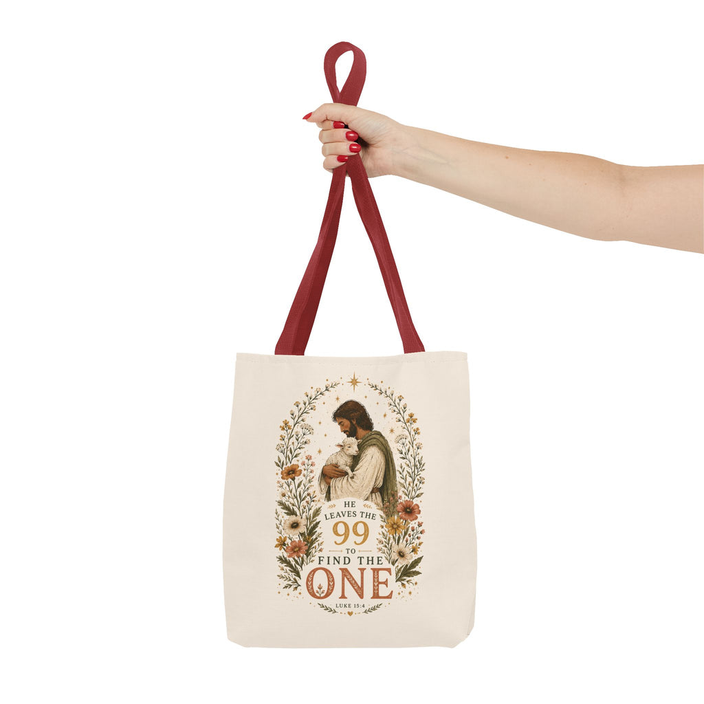 Jesus Shepherd Tote Bag — "He Leaves the 99 to Find the One" Floral Faith Tote