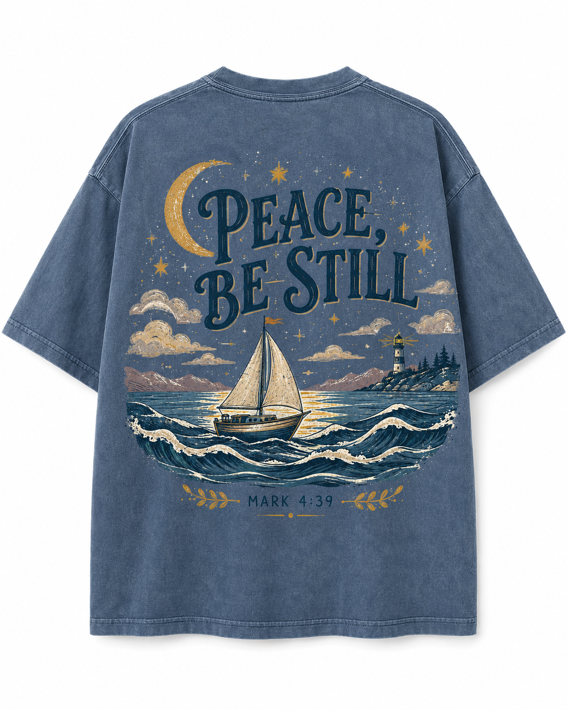 Peace Be Still Sailboat T-Shirt — Christian Faith Graphic Tee (Mark 4:39)