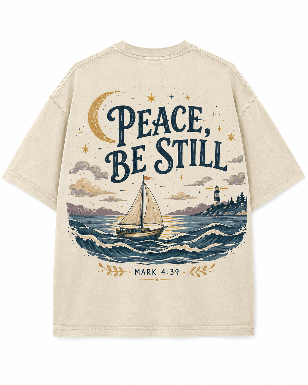 Peace Be Still Sailboat T-Shirt — Christian Faith Graphic Tee (Mark 4:39)