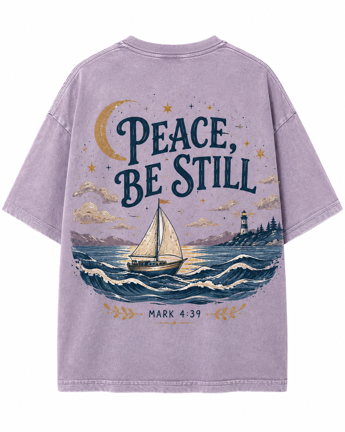 Peace Be Still Sailboat T-Shirt — Christian Faith Graphic Tee (Mark 4:39)
