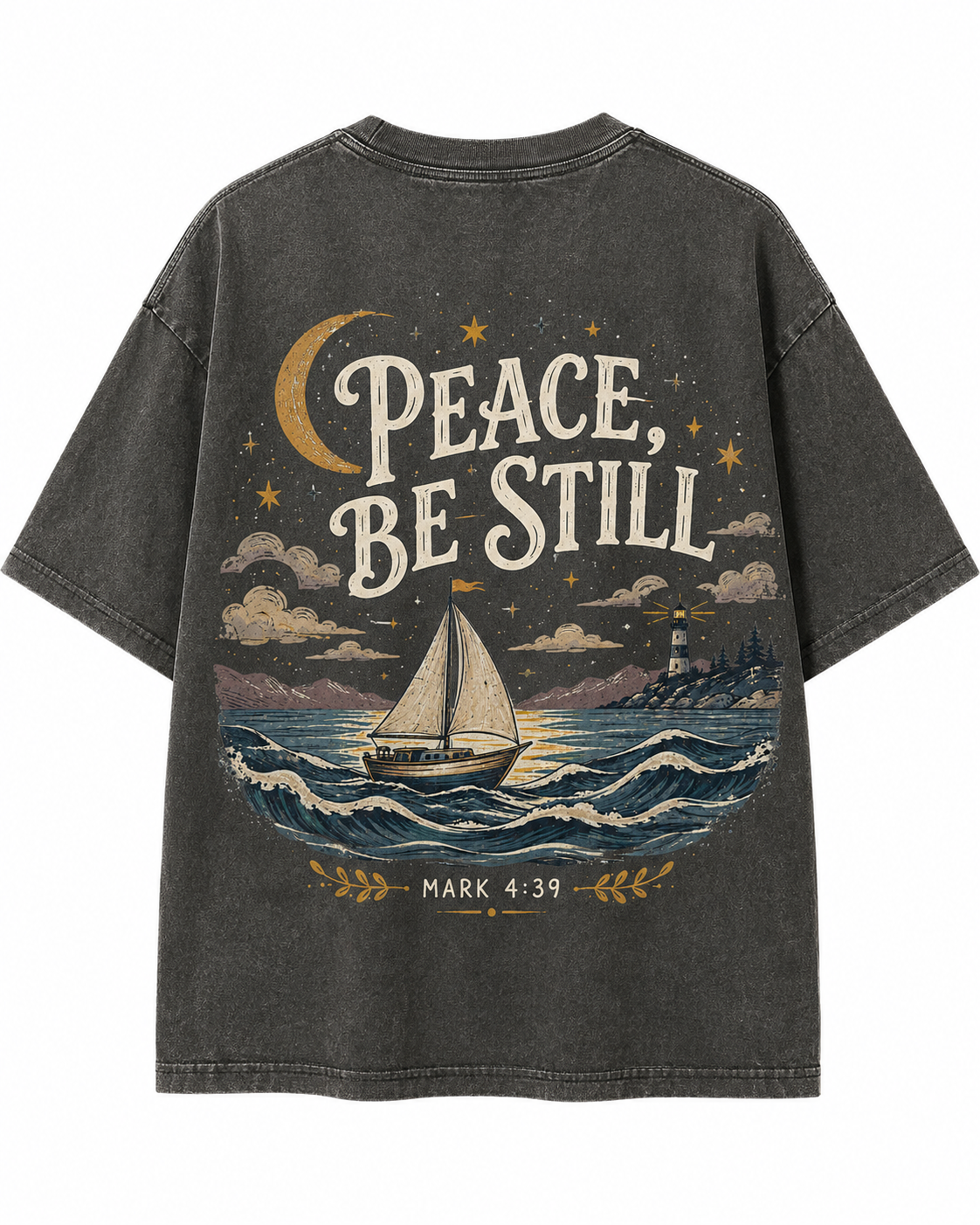 Peace Be Still Sailboat T-Shirt — Christian Faith Graphic Tee (Mark 4:39)