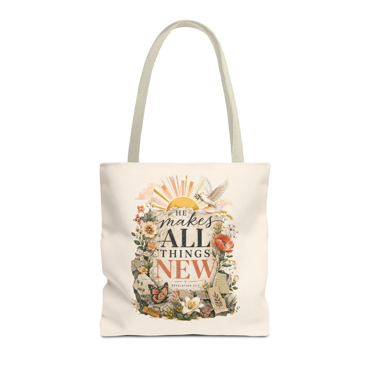 Scriptural Floral Tote Bag — “He Makes All Things New” Inspirational Canvas Tote
