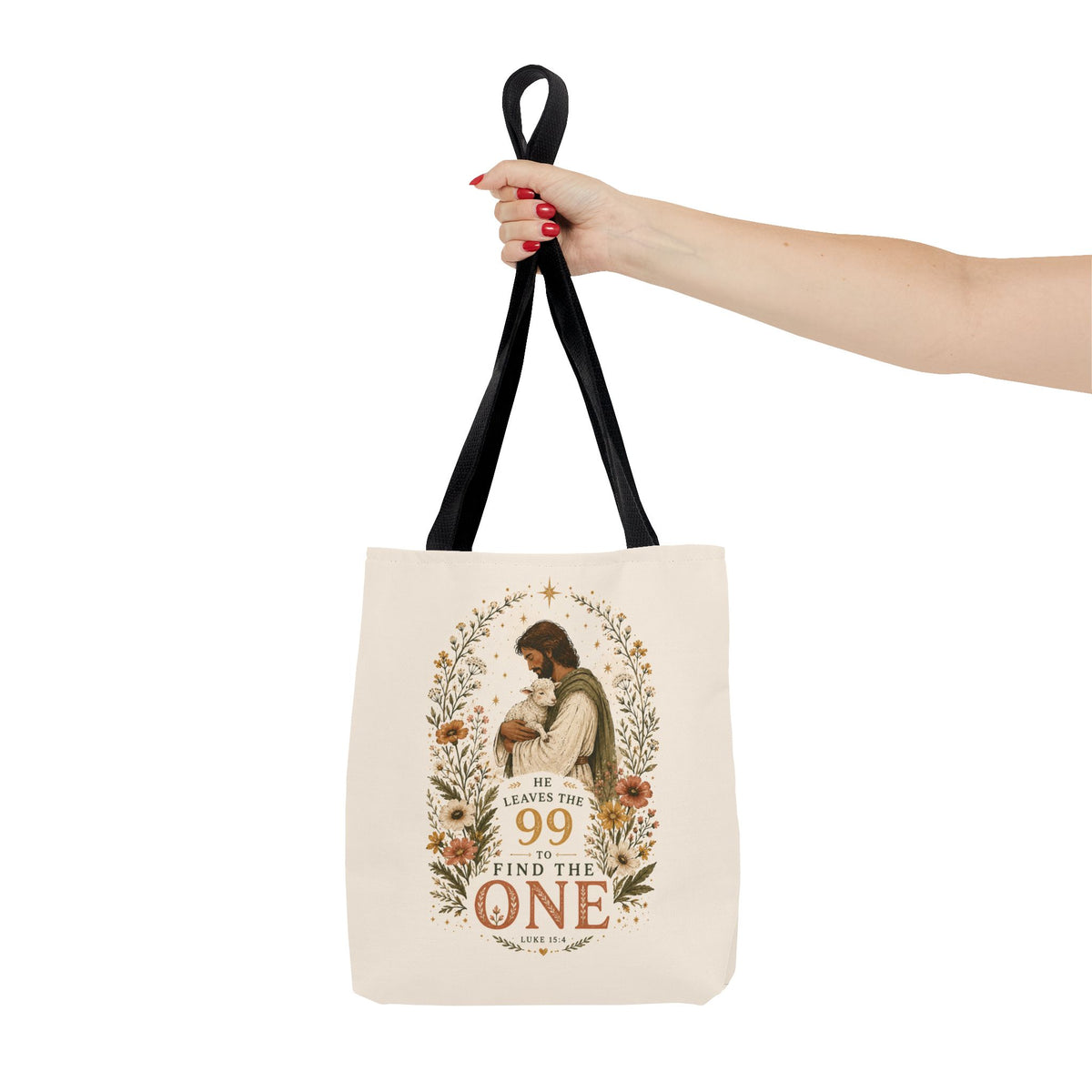 Jesus Shepherd Tote Bag — "He Leaves the 99 to Find the One" Floral Faith Tote