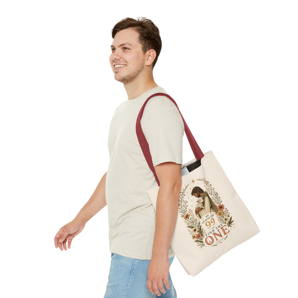 Jesus Shepherd Tote Bag — "He Leaves the 99 to Find the One" Floral Faith Tote
