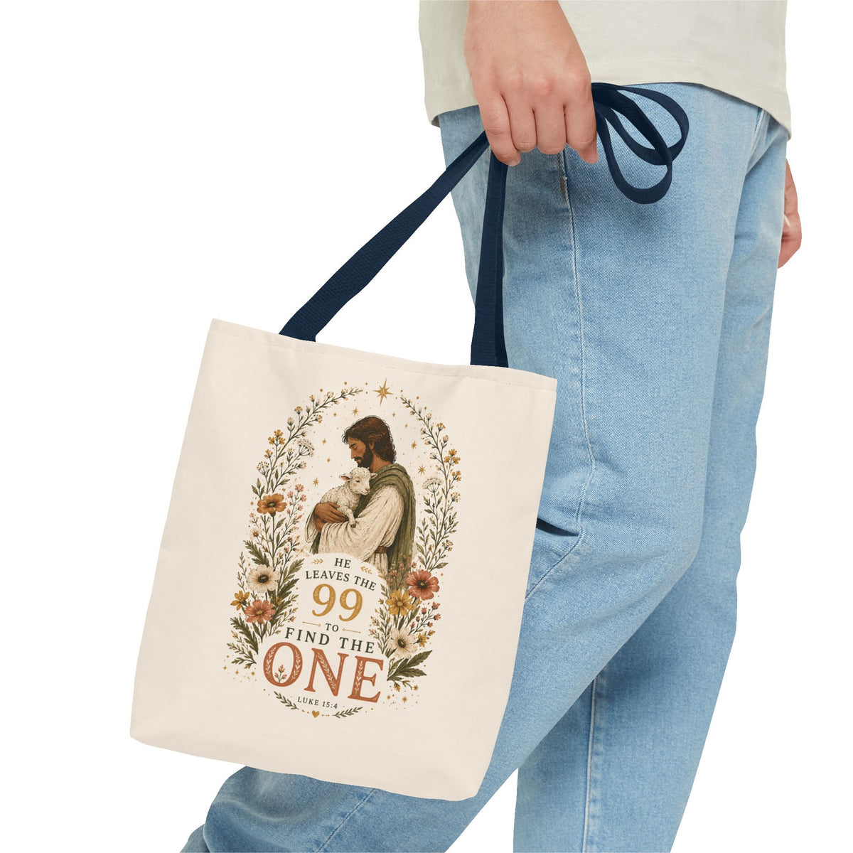 Jesus Shepherd Tote Bag — "He Leaves the 99 to Find the One" Floral Faith Tote