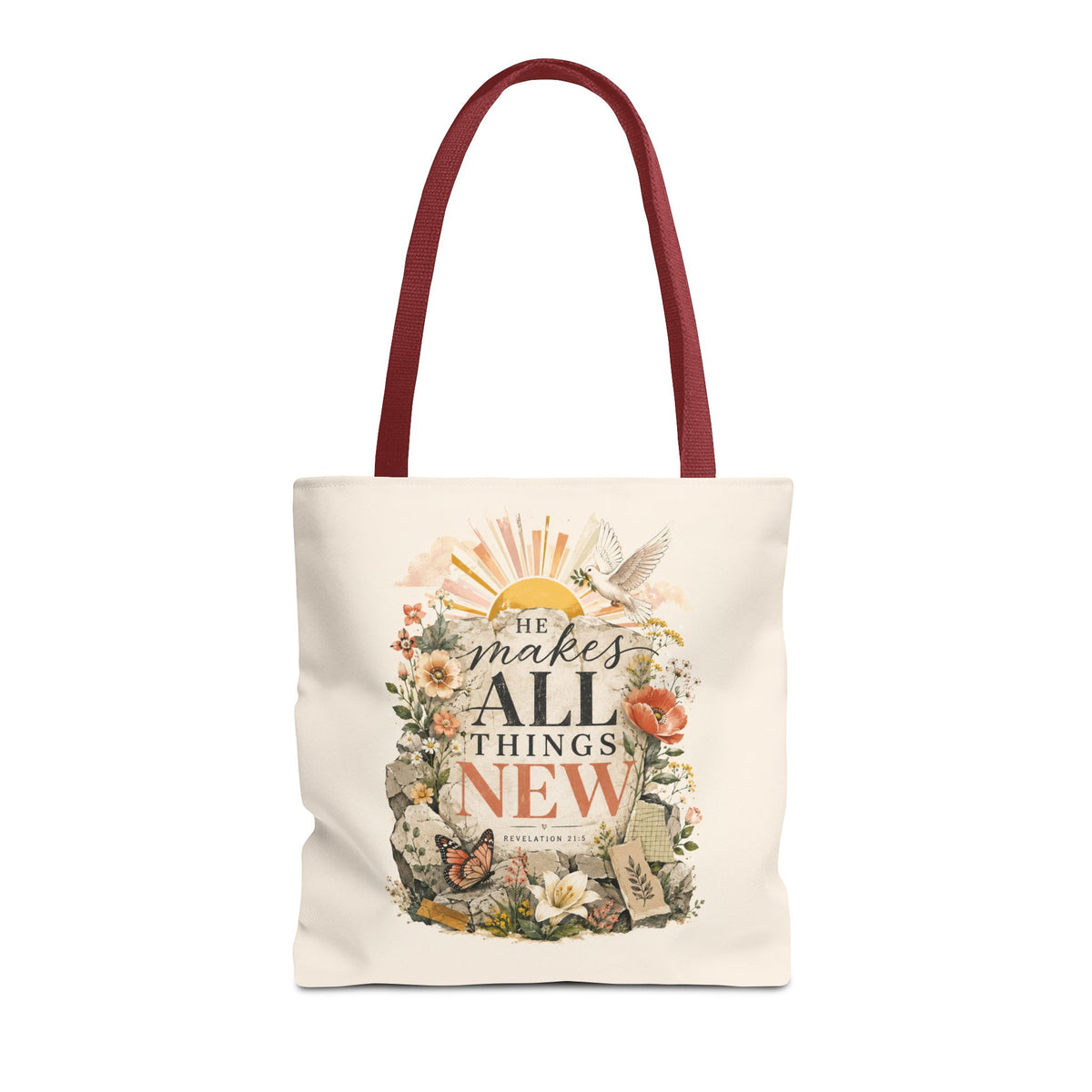 Scriptural Floral Tote Bag — “He Makes All Things New” Inspirational Canvas Tote
