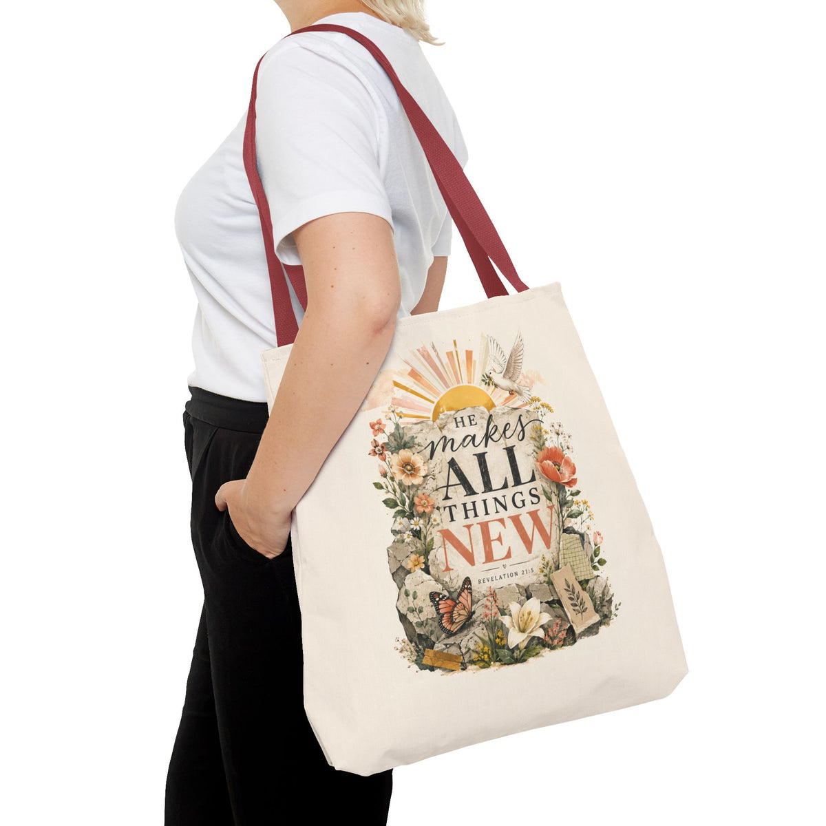 Scriptural Floral Tote Bag — “He Makes All Things New” Inspirational Canvas Tote