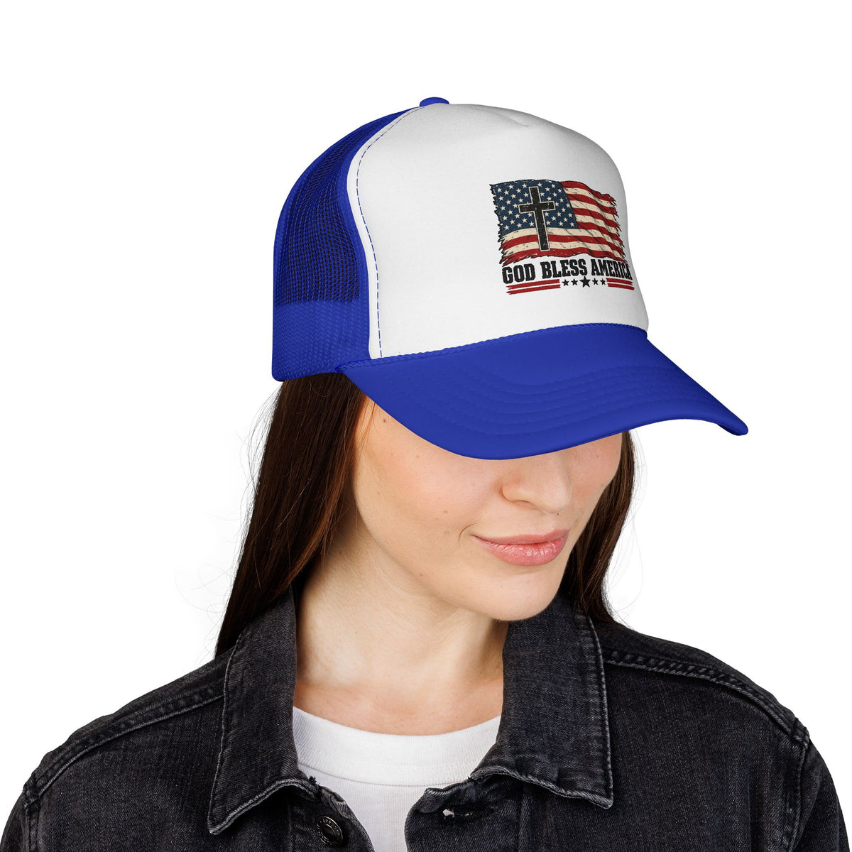 God Bless America Trucker Hat — Patriotic Flag & Cross Mesh Hat