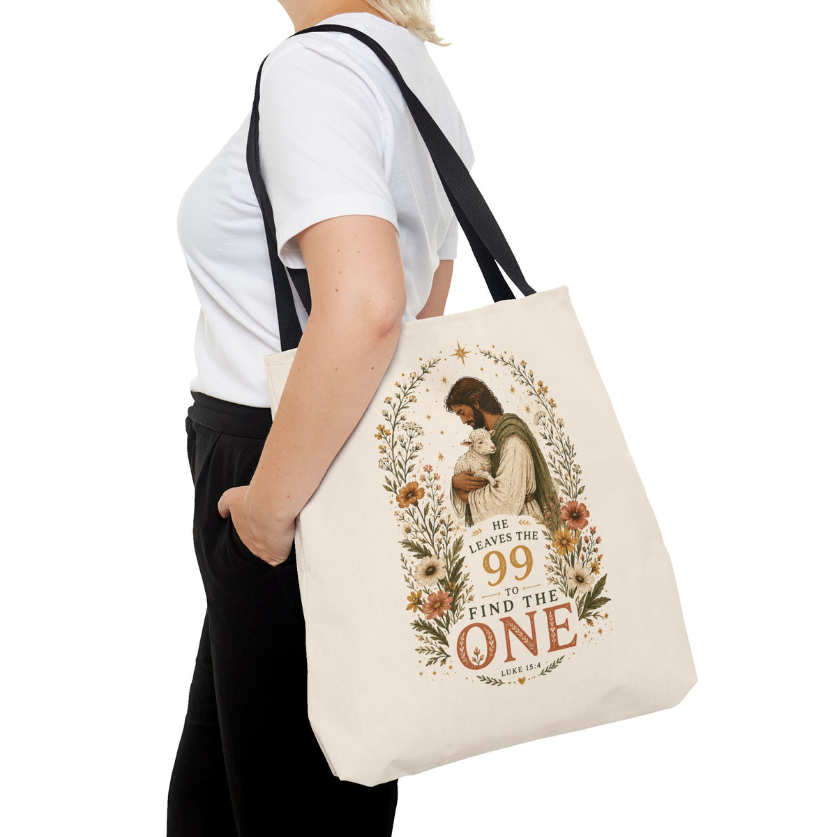Jesus Shepherd Tote Bag — "He Leaves the 99 to Find the One" Floral Faith Tote