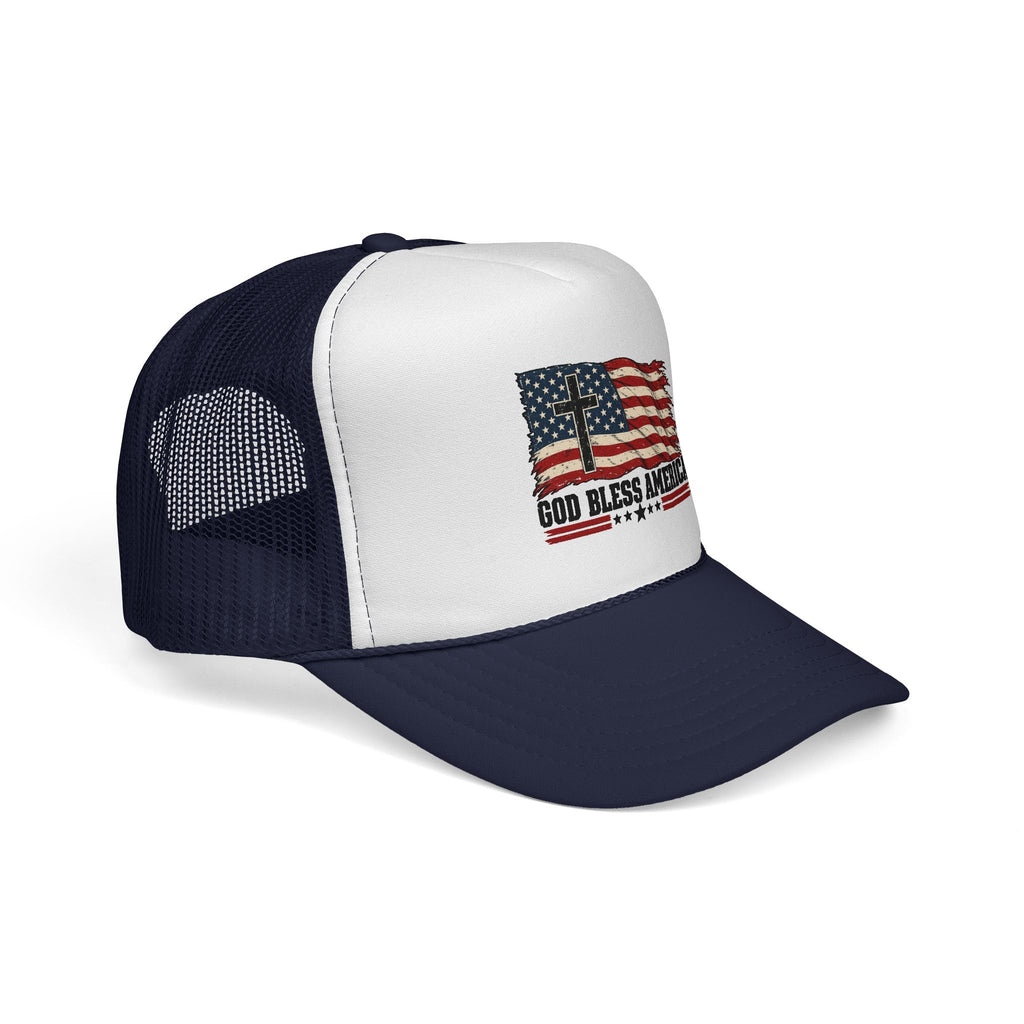 God Bless America Trucker Hat — Patriotic Flag & Cross Mesh Hat
