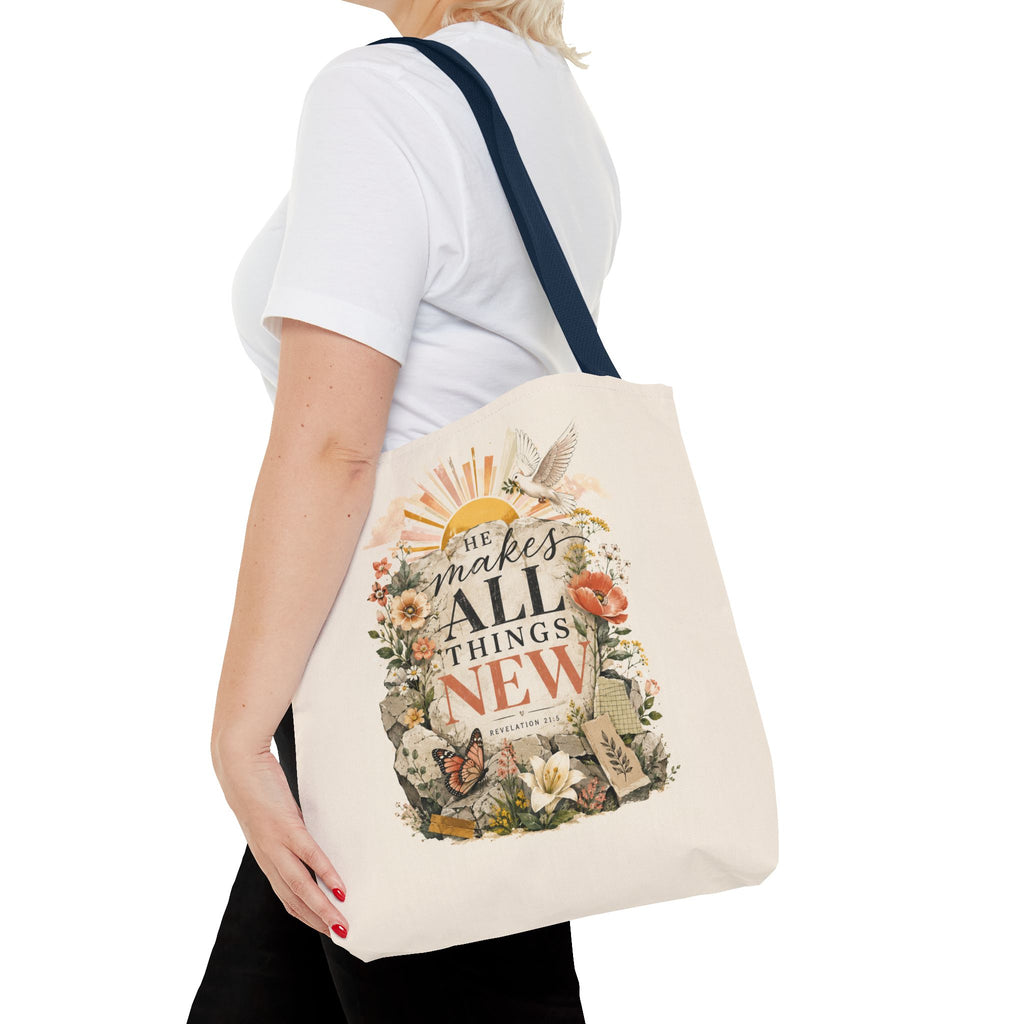 Scriptural Floral Tote Bag — “He Makes All Things New” Inspirational Canvas Tote