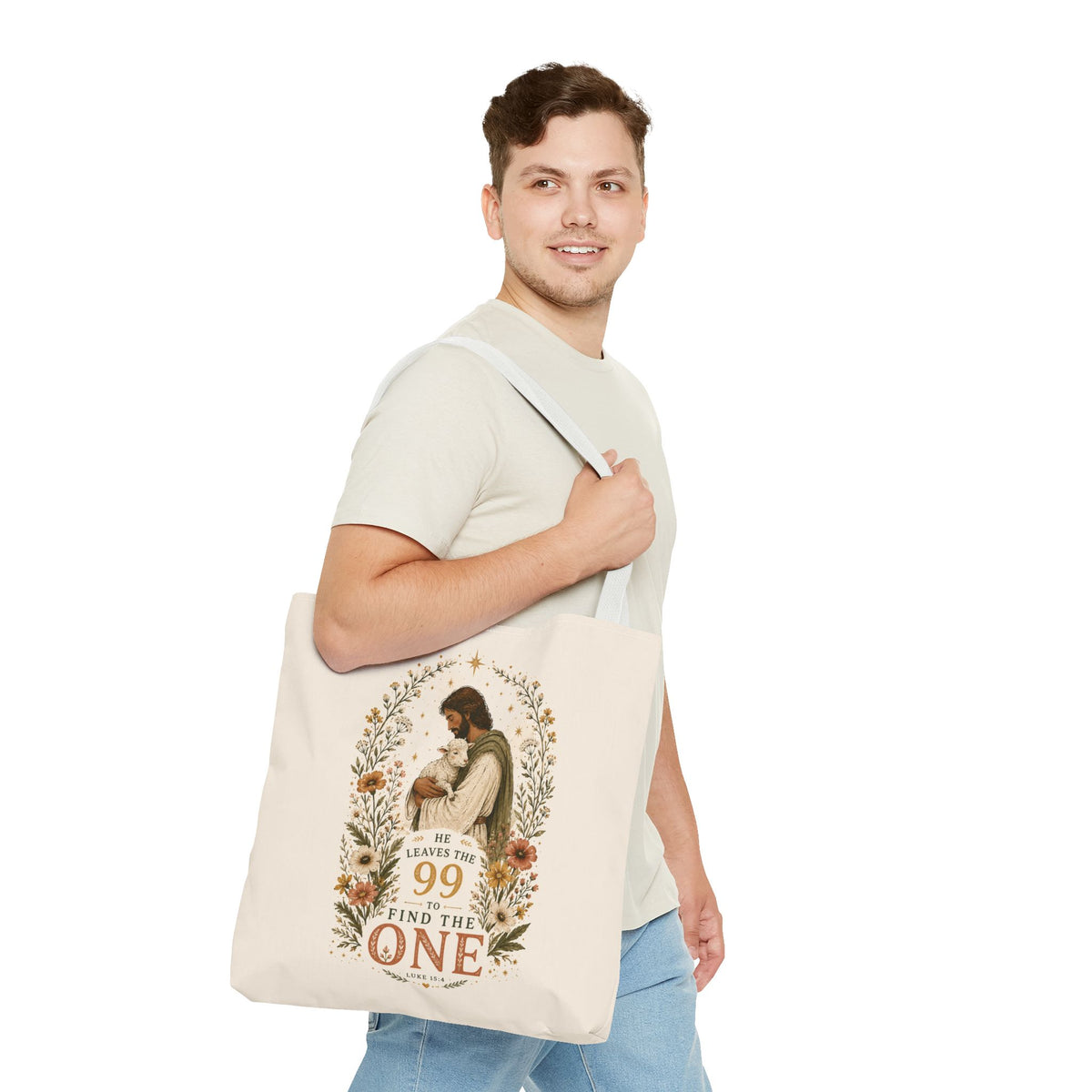 Jesus Shepherd Tote Bag — "He Leaves the 99 to Find the One" Floral Faith Tote
