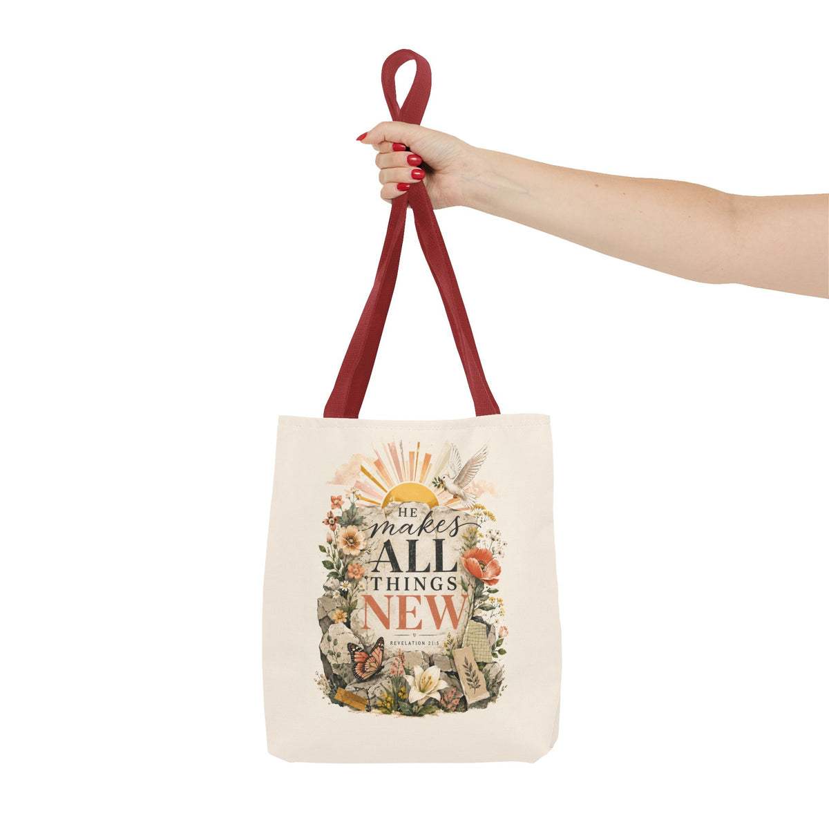Scriptural Floral Tote Bag — “He Makes All Things New” Inspirational Canvas Tote