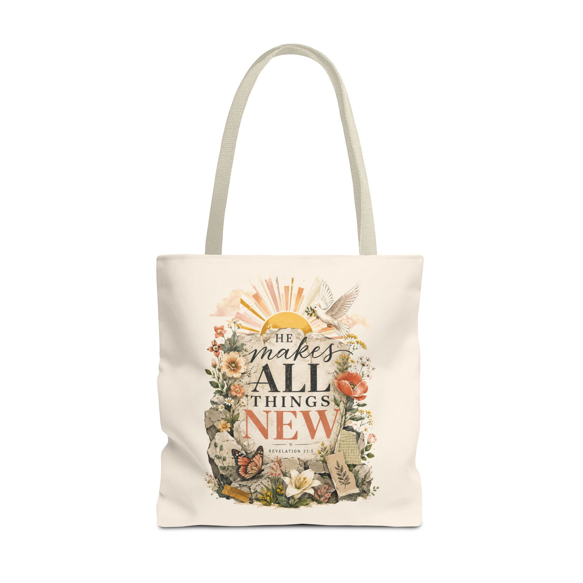 Scriptural Floral Tote Bag — “He Makes All Things New” Inspirational Canvas Tote