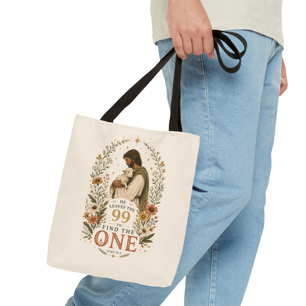 Jesus Shepherd Tote Bag — "He Leaves the 99 to Find the One" Floral Faith Tote