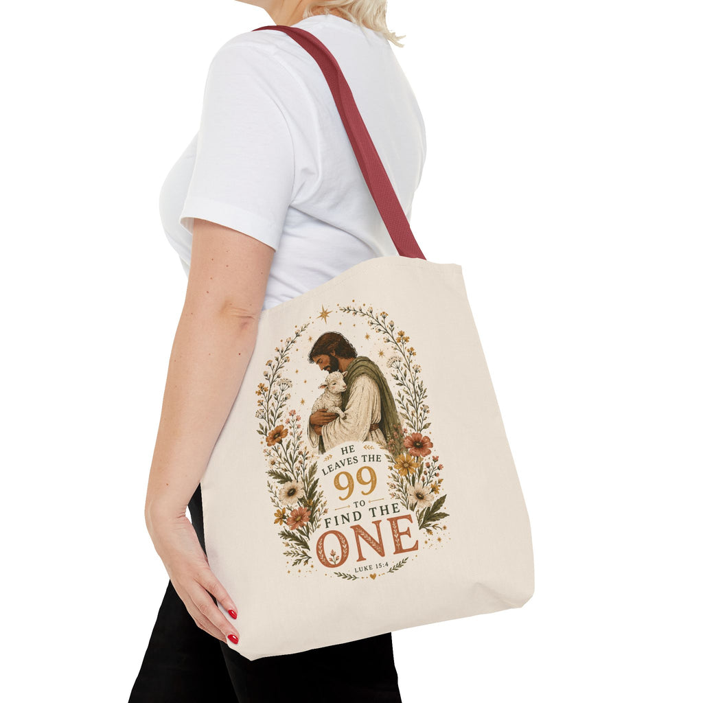 Jesus Shepherd Tote Bag — "He Leaves the 99 to Find the One" Floral Faith Tote