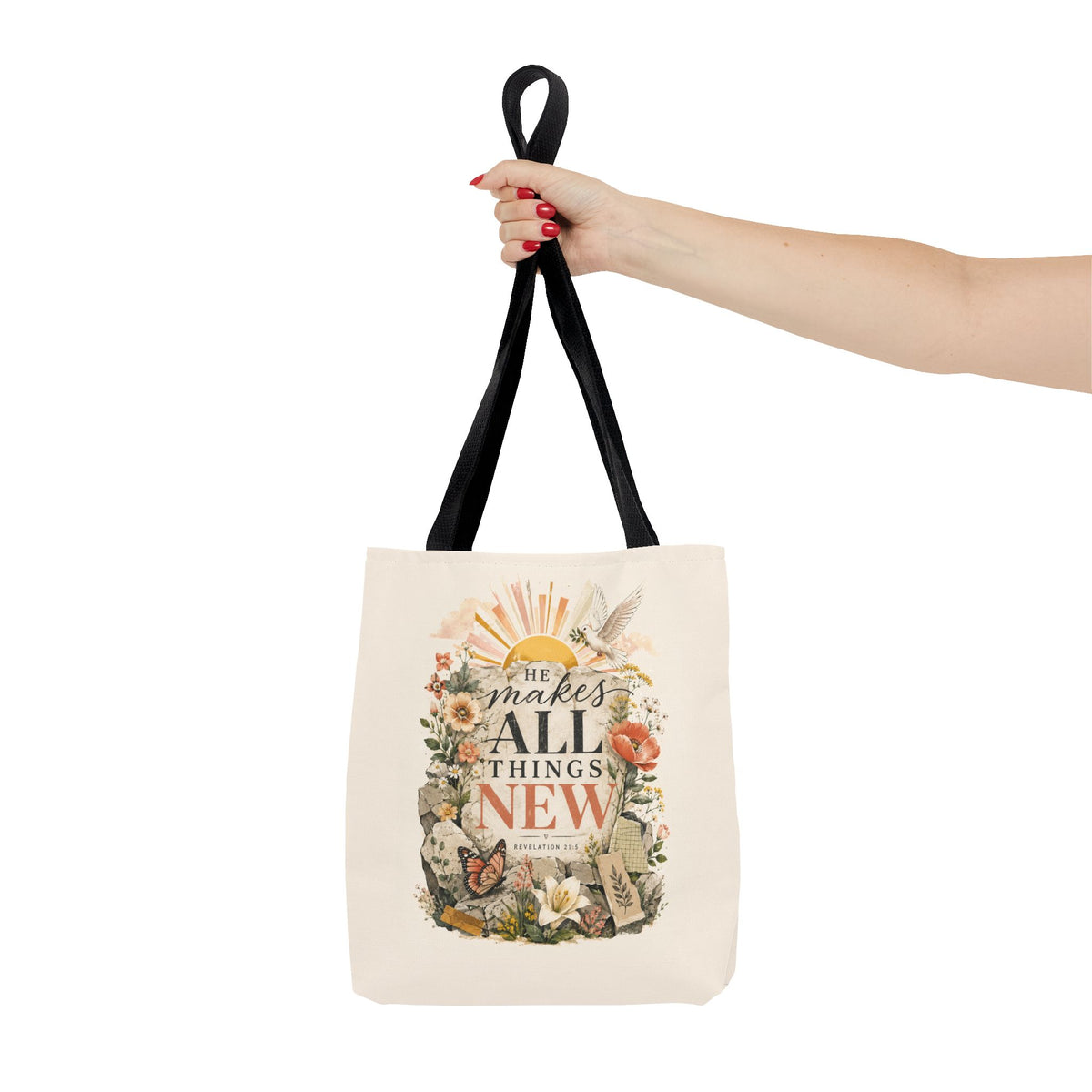 Scriptural Floral Tote Bag — “He Makes All Things New” Inspirational Canvas Tote