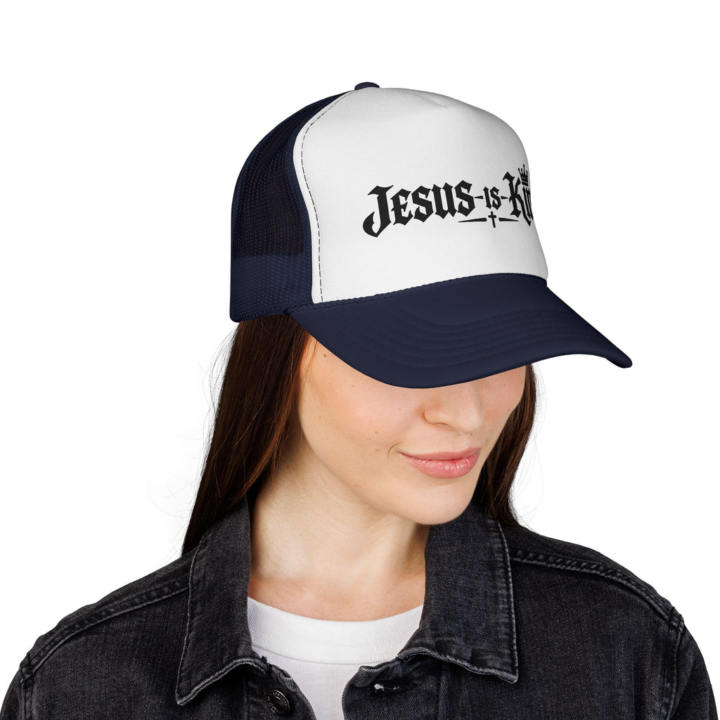 Jesus Is King Trucker Hat – Christian Mesh Cap with Crown & Cross Design