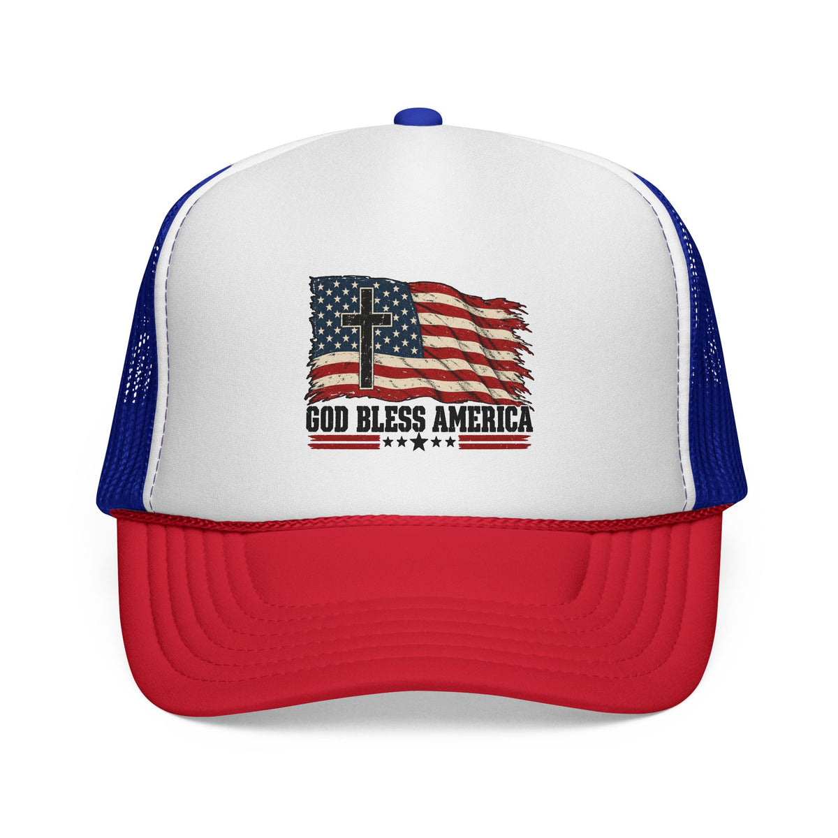 God Bless America Trucker Hat — Patriotic Flag & Cross Mesh Hat
