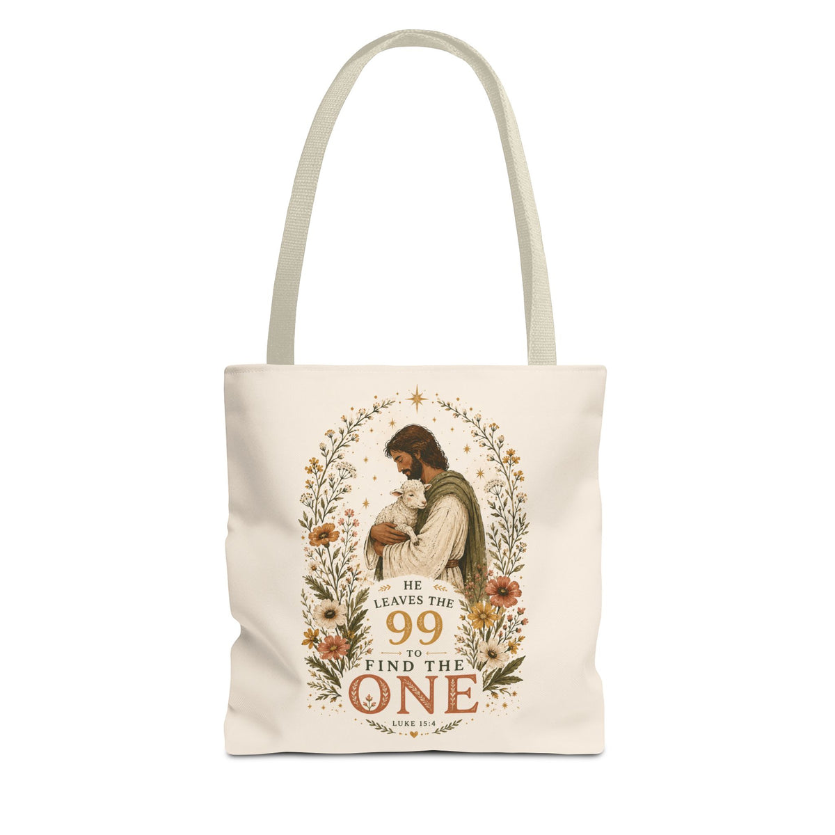 Jesus Shepherd Tote Bag — "He Leaves the 99 to Find the One" Floral Faith Tote