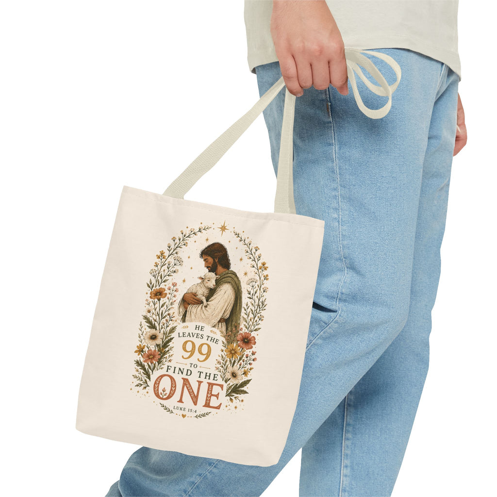 Jesus Shepherd Tote Bag — "He Leaves the 99 to Find the One" Floral Faith Tote