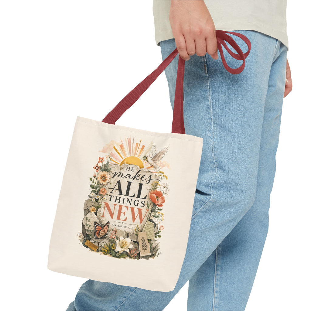 Scriptural Floral Tote Bag — “He Makes All Things New” Inspirational Canvas Tote