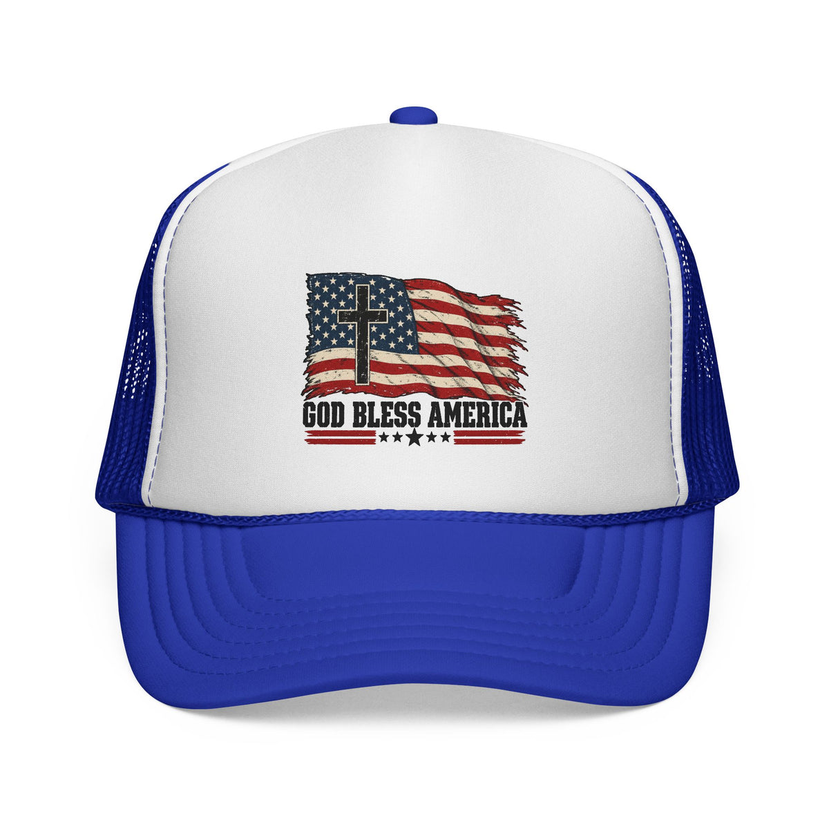 God Bless America Trucker Hat — Patriotic Flag & Cross Mesh Hat