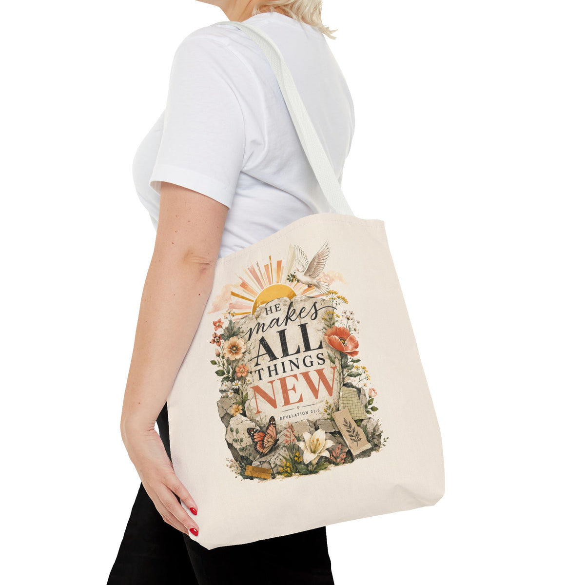 Scriptural Floral Tote Bag — “He Makes All Things New” Inspirational Canvas Tote
