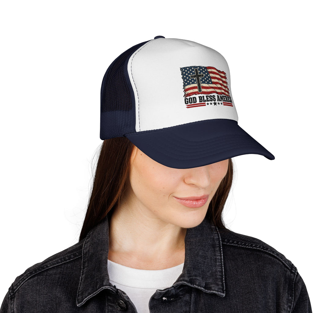 God Bless America Trucker Hat — Patriotic Flag & Cross Mesh Hat