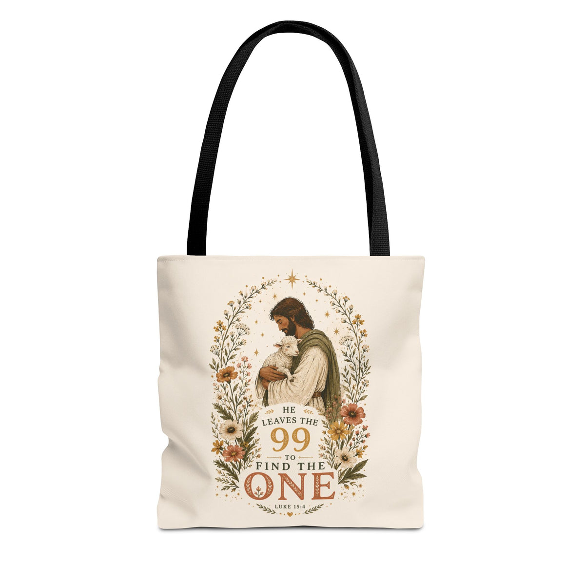 Jesus Shepherd Tote Bag — "He Leaves the 99 to Find the One" Floral Faith Tote