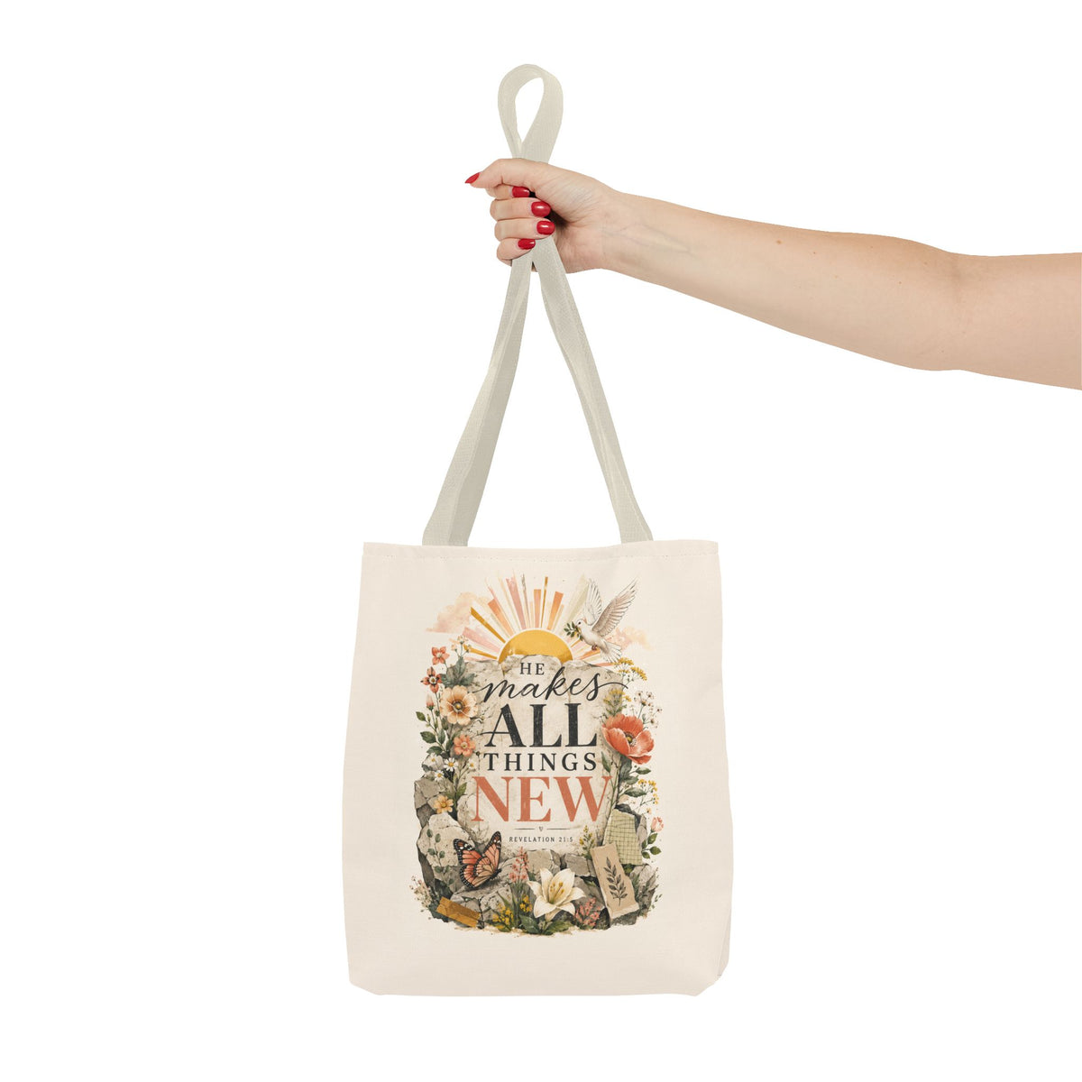 Scriptural Floral Tote Bag — “He Makes All Things New” Inspirational Canvas Tote