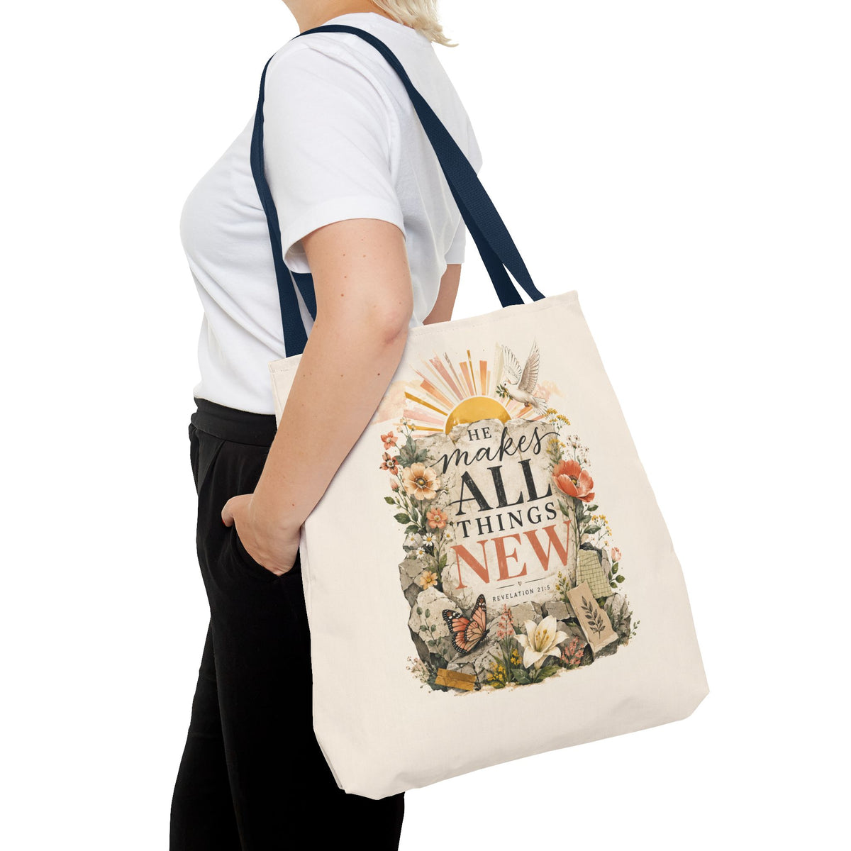 Scriptural Floral Tote Bag — “He Makes All Things New” Inspirational Canvas Tote