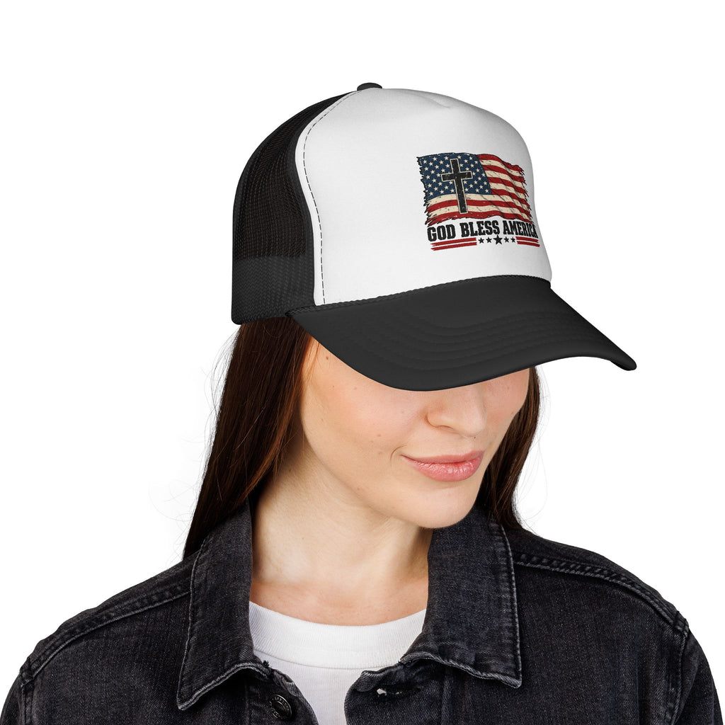 God Bless America Trucker Hat — Patriotic Flag & Cross Mesh Hat