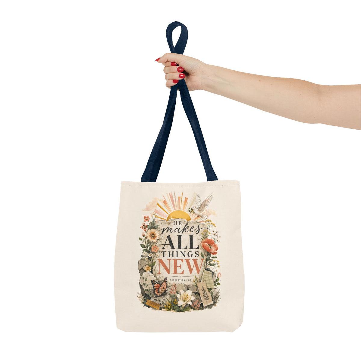 Scriptural Floral Tote Bag — “He Makes All Things New” Inspirational Canvas Tote
