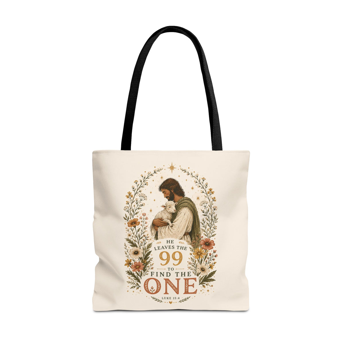 Jesus Shepherd Tote Bag — "He Leaves the 99 to Find the One" Floral Faith Tote