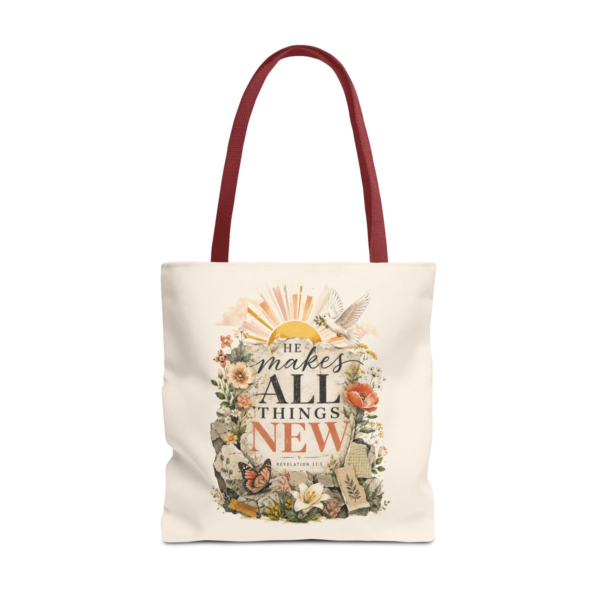Scriptural Floral Tote Bag — “He Makes All Things New” Inspirational Canvas Tote