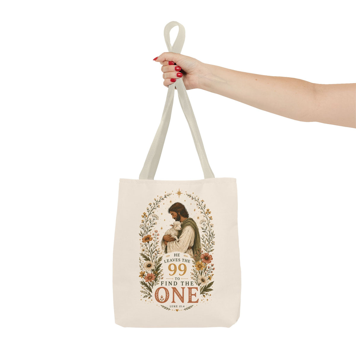 Jesus Shepherd Tote Bag — "He Leaves the 99 to Find the One" Floral Faith Tote
